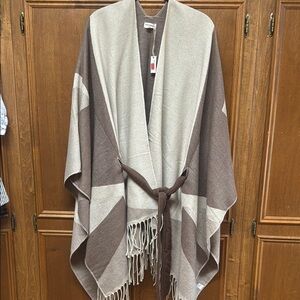 Brown and Cream Poncho with Fringe